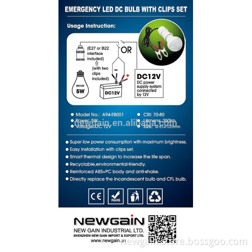 EMERGENCY LIGHT. PROTABLE LED LIGHT. EMERGENCY LED DC BULB WITH CLIPS SET